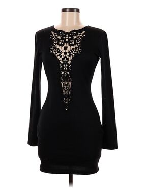 Black Long-Sleeve Cutout Bodycon Dress with Lace-Inspired Detail